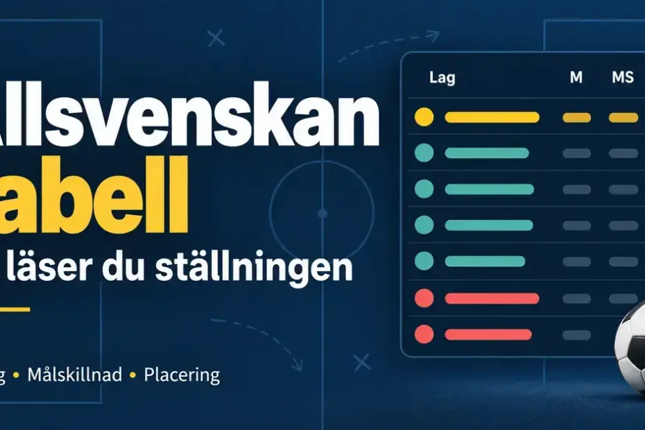 Grafik med rubriken Allsvenskan tabell, en schematisk fotbollstabell med färgmarkerade rader och en fotboll som illustrerar poäng, målskillnad och placering.