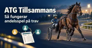 Travhäst med kusk och sulky samt en spelkupong kopplad till tre spelarikoner illustrerar andelsspel i ATG Tillsammans.