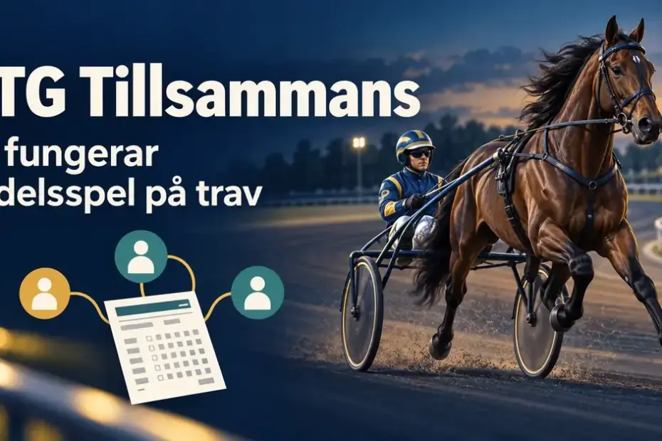 Travhäst med kusk och sulky samt en spelkupong kopplad till tre spelarikoner illustrerar andelsspel i ATG Tillsammans.