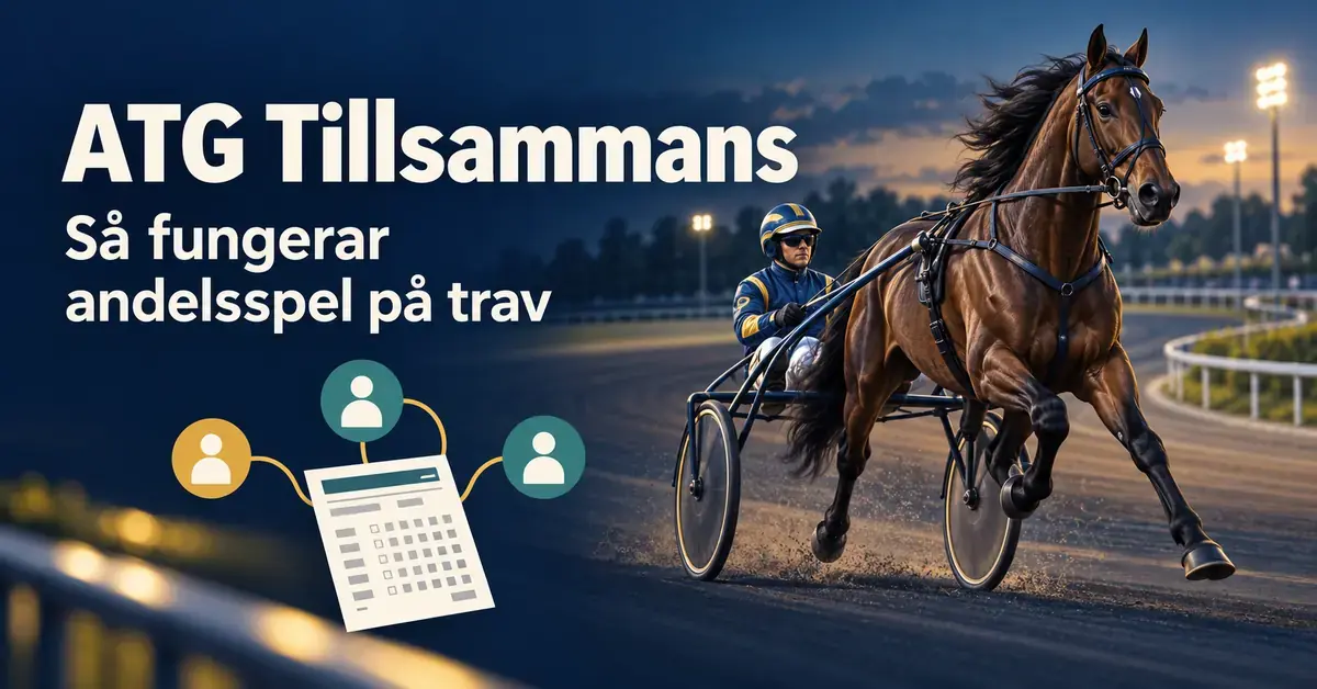 Travhäst med kusk och sulky samt en spelkupong kopplad till tre spelarikoner illustrerar andelsspel i ATG Tillsammans.