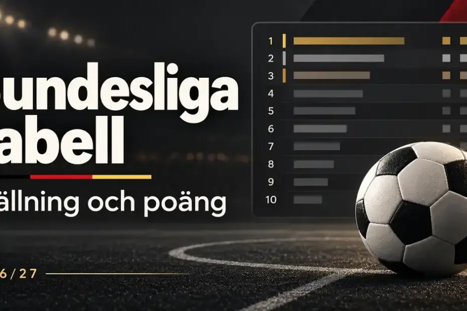Grafik med en fotboll, en stiliserad ligatabell och texten ”Bundesliga tabell – Ställning och poäng” för säsongen 2026/27.