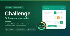 Grafik med rubriken "Challenge – så fungerar poolspelet" bredvid en tipskupong med 1 X 2-rutor och en cirkel som visar hur potten delas lika mellan vinnarna.