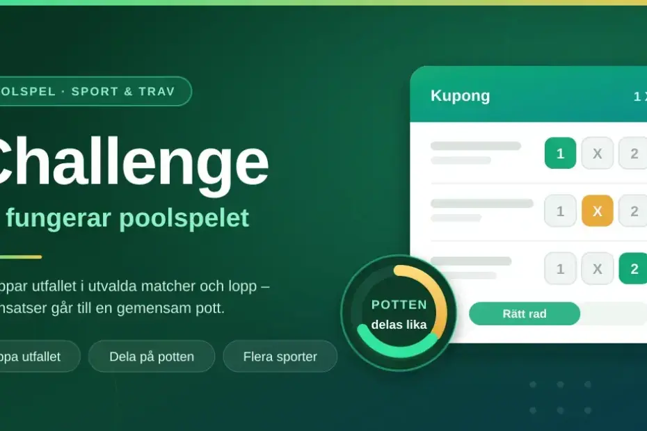 Grafik med rubriken "Challenge – så fungerar poolspelet" bredvid en tipskupong med 1 X 2-rutor och en cirkel som visar hur potten delas lika mellan vinnarna.