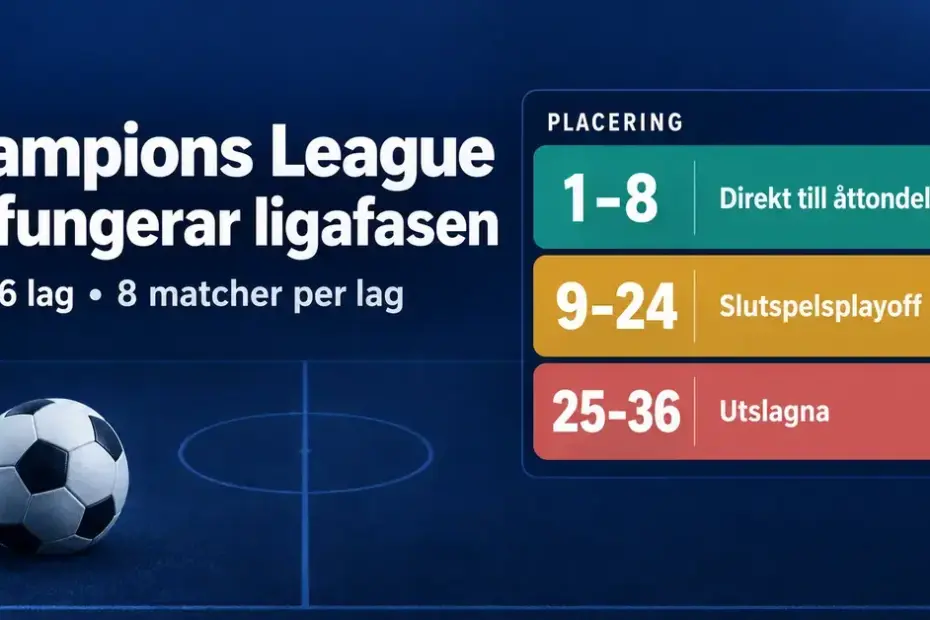 Grafik över Champions Leagues ligafas med 36 lag och åtta matcher per lag, där plats 1–8 ger direktplats till åttondelsfinal, plats 9–24 leder till slutspelsplayoff och plats 25–36 innebär att lagen är utslagna.