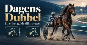 Grafik om Dagens Dubbel med en travhäst och kusk på en travbana samt två sammanlänkade rutor märkta DD-1 och DD-2.