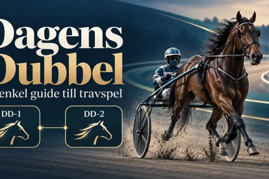 Grafik om Dagens Dubbel med en travhäst och kusk på en travbana samt två sammanlänkade rutor märkta DD-1 och DD-2.