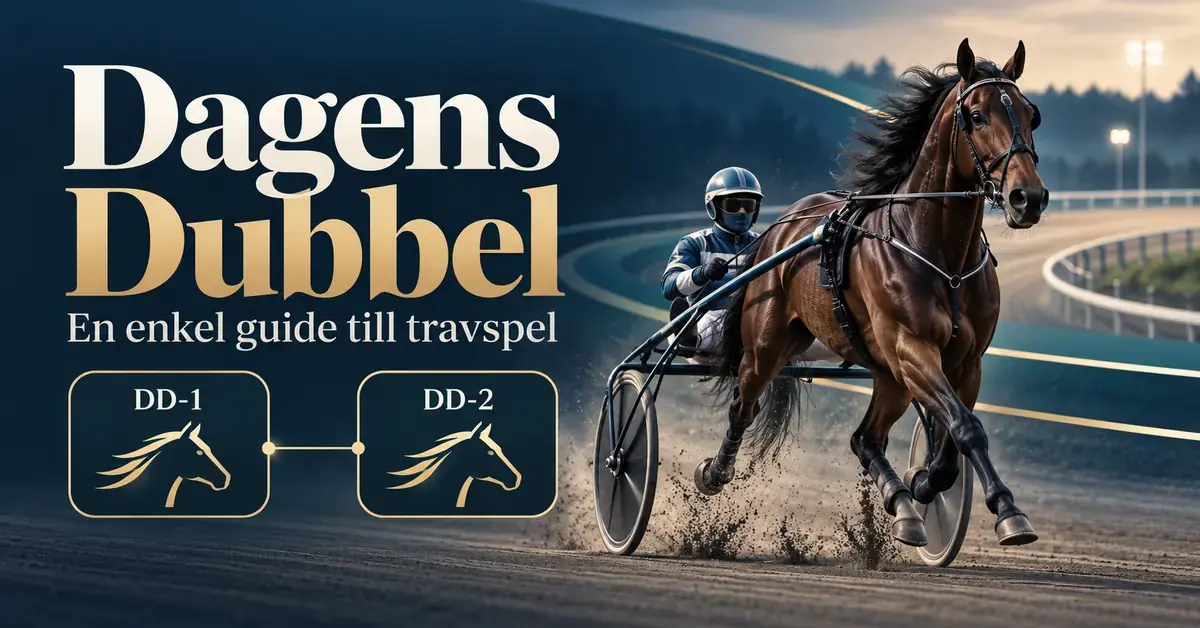 Grafik om Dagens Dubbel med en travhäst och kusk på en travbana samt två sammanlänkade rutor märkta DD-1 och DD-2.