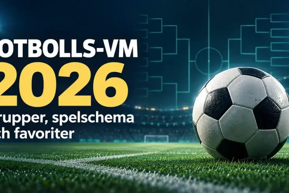 Fotboll på en upplyst arena med ett stiliserat slutspelsträd och texten ”Fotbolls-VM 2026 – Grupper, spelschema och favoriter”.