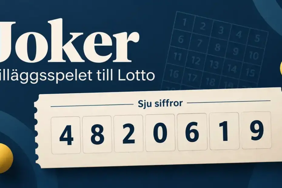 Illustration av en lott med sju siffror mot mörkblå bakgrund och texten ”Joker – Tilläggsspelet till Lotto”.