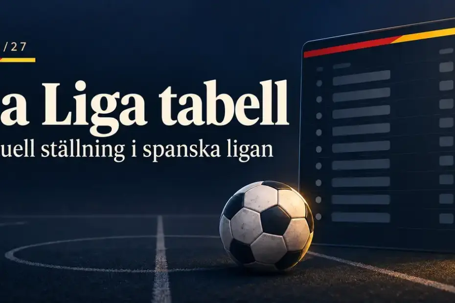Grafik för La Liga-tabellen 2026/27 med en fotboll, en stiliserad ligatabell och rubriken ”La Liga tabell – Aktuell ställning i spanska ligan”.