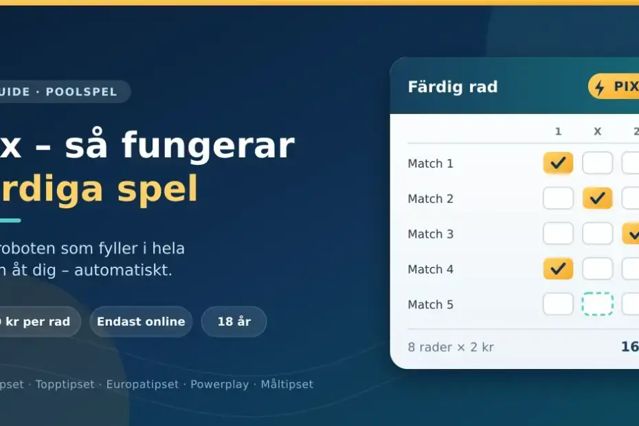 Grafik med texten "Pix – så fungerar färdiga spel" bredvid en illustrerad tipskupong där spelroboten Pix automatiskt kryssar i 1, X och 2 på raden.