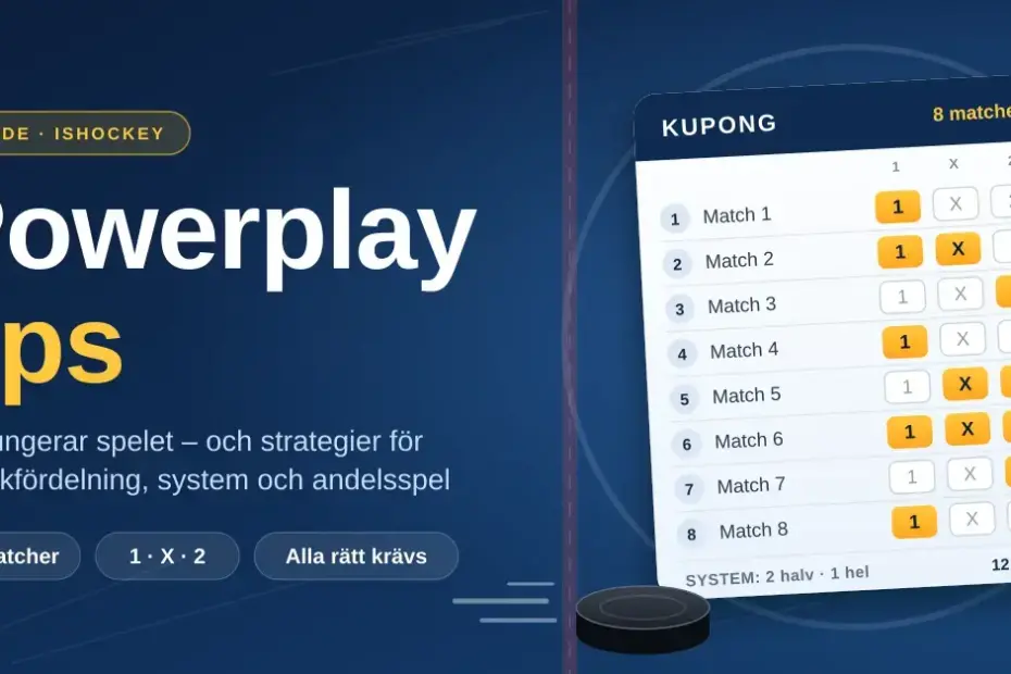 Grafik med rubriken Powerplay tips bredvid en stiliserad tipskupong för åtta ishockeymatcher med markerade tecken 1, X och 2 samt en hockeypuck mot en mörkblå isbana.