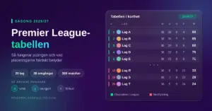 Grafik som förklarar Premier League-tabellen säsongen 2026/27 med en exempeltabell där lagen rankas efter matcher, vinster, oavgjorda, förluster och poäng, samt markeringar för Champions League-platser och nedflyttning.