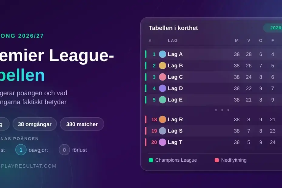Grafik som förklarar Premier League-tabellen säsongen 2026/27 med en exempeltabell där lagen rankas efter matcher, vinster, oavgjorda, förluster och poäng, samt markeringar för Champions League-platser och nedflyttning.