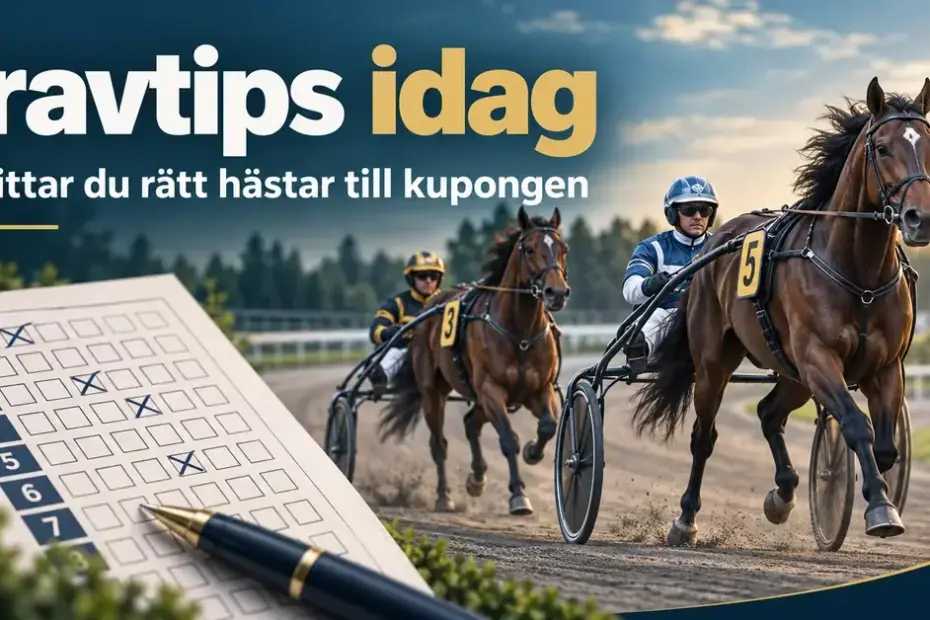 Två travhästar med kuskar i sulky på en travbana intill en markerad spelkupong och texten ”Travtips idag – Så hittar du rätt hästar till kupongen”.