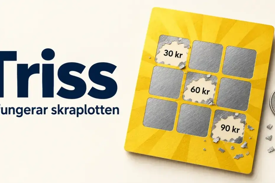Illustration av en gul skraplott med delvis framskrapade belopp och ett silverfärgat mynt intill texten ”Triss – Så fungerar skraplotten”.