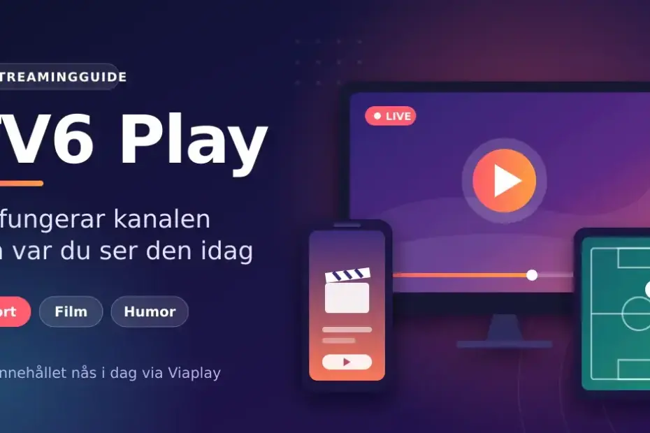 Illustration av en tv, en mobil och en surfplatta som visar strömmad sport och film, med rubriken "TV6 Play – så fungerar kanalen och var du ser den idag".