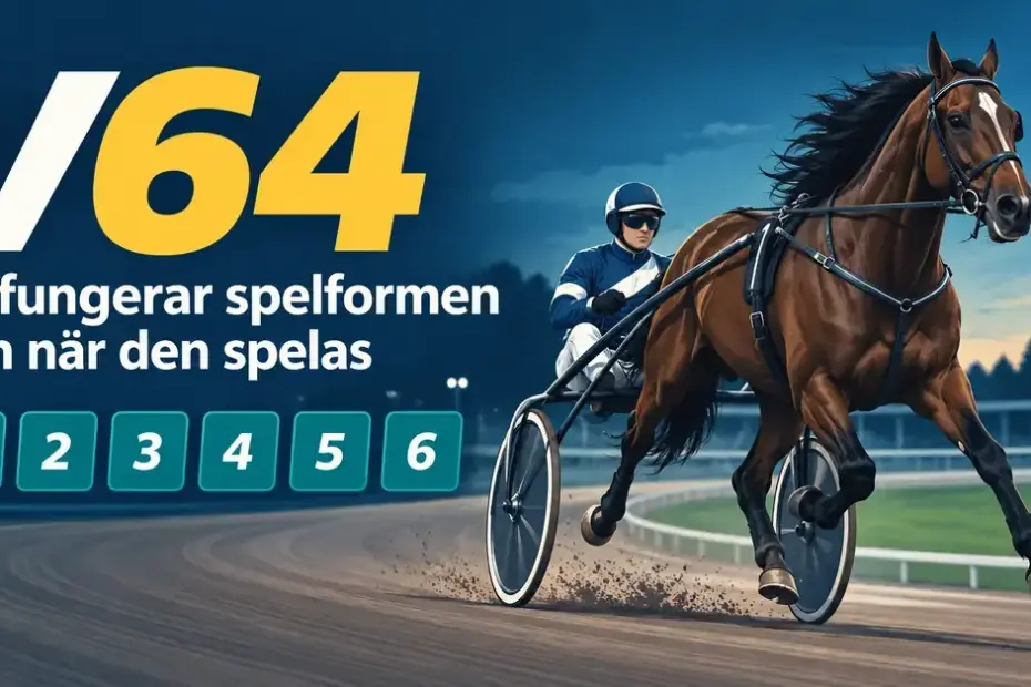 Illustration av en travhäst med sulky och kusk, rubriken ”V64 – Så fungerar spelformen och när den spelas” och sex numrerade rutor som representerar loppen.