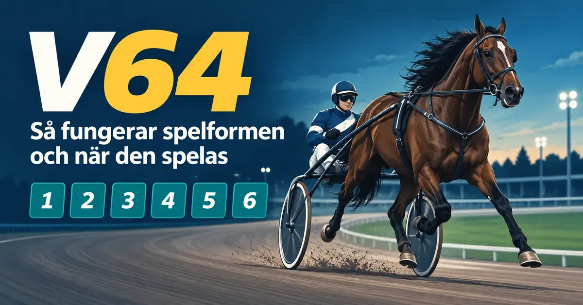 Illustration av en travhäst med sulky och kusk, rubriken ”V64 – Så fungerar spelformen och när den spelas” och sex numrerade rutor som representerar loppen.