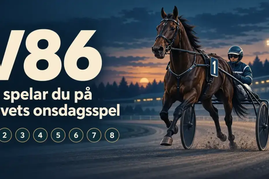 Illustration av travhästar med sulky och kusk på en upplyst bana i skymningen, med texten ”V86 – Så spelar du på travets onsdagsspel” och åtta numrerade cirklar.