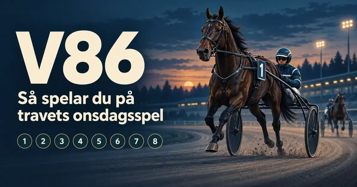 Illustration av travhästar med sulky och kusk på en upplyst bana i skymningen, med texten ”V86 – Så spelar du på travets onsdagsspel” och åtta numrerade cirklar.
